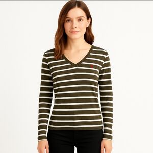 Ralph Lauren Olive Striped Womens Long Sleeve Tee Sz XL